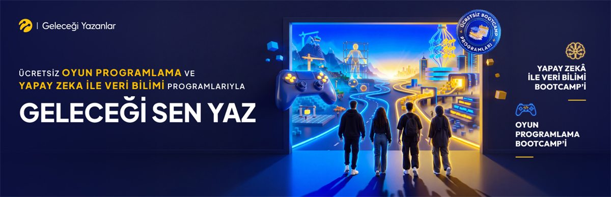 Geleceği Yazanlar program tanıtım görseli: yapay zekâ ile veri bilimi ve oyun programlama bootcamp'leri.